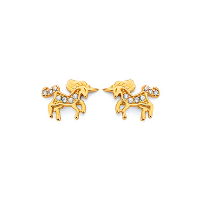 14K Yellow Gold CZ Unicorn Push Back Earrings