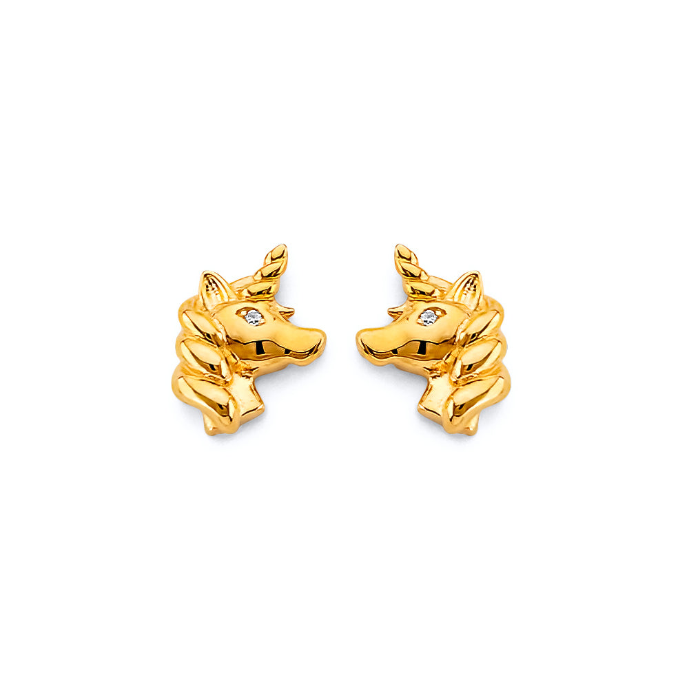 14K Yellow Gold 10mm CZ Unicorn Push Back Earrings