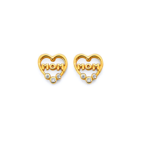 14K Yellow Gold CZ Heart Mom Push Back Earrings