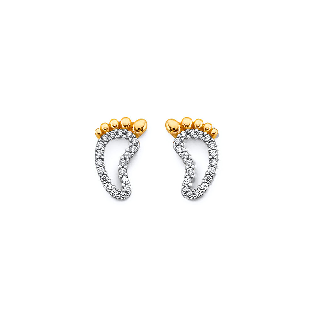 14K Two Tone Gold CZ Footprints Push Back Earrings