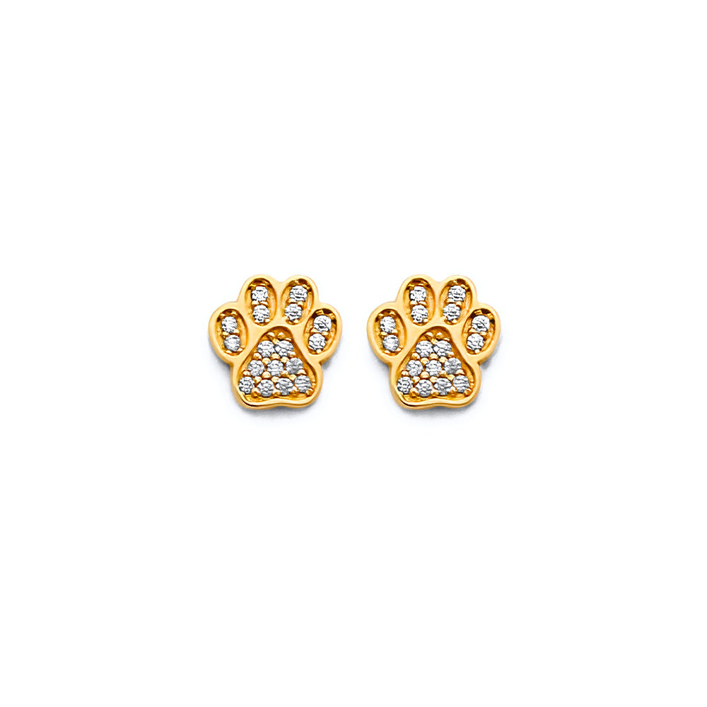 14K Yellow Gold CZ Paw Push Back Earrings