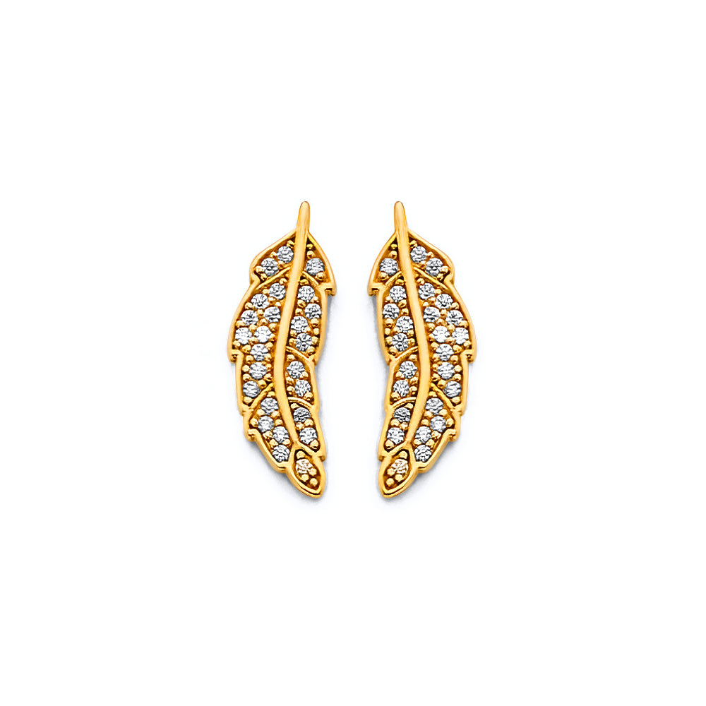 14K Yellow Gold CZ Feather Push Back Earrings