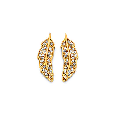 14K Yellow Gold CZ Feather Push Back Earrings