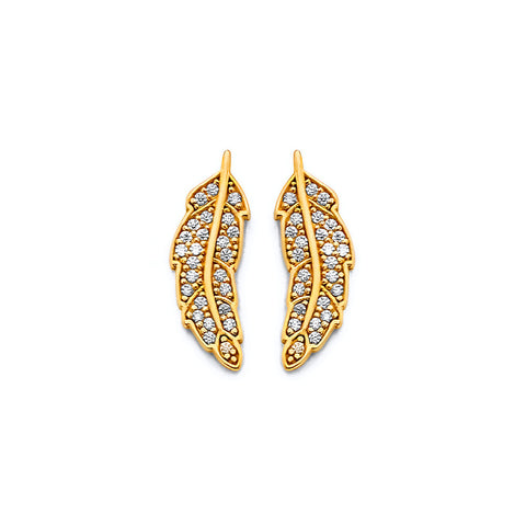 14K Yellow Gold CZ Feather Push Back Earrings