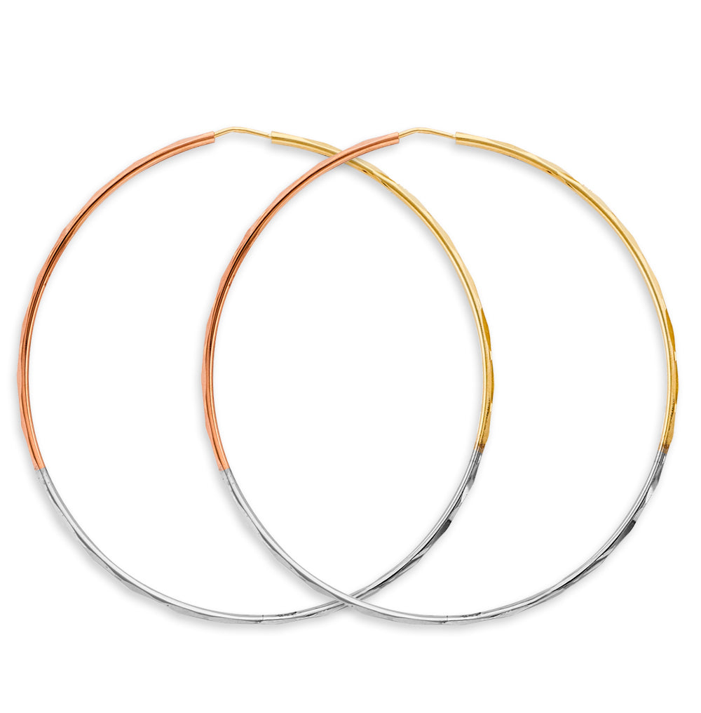 14K Tri Color Gold 1.5mm Faceted Round Hoop Earrings