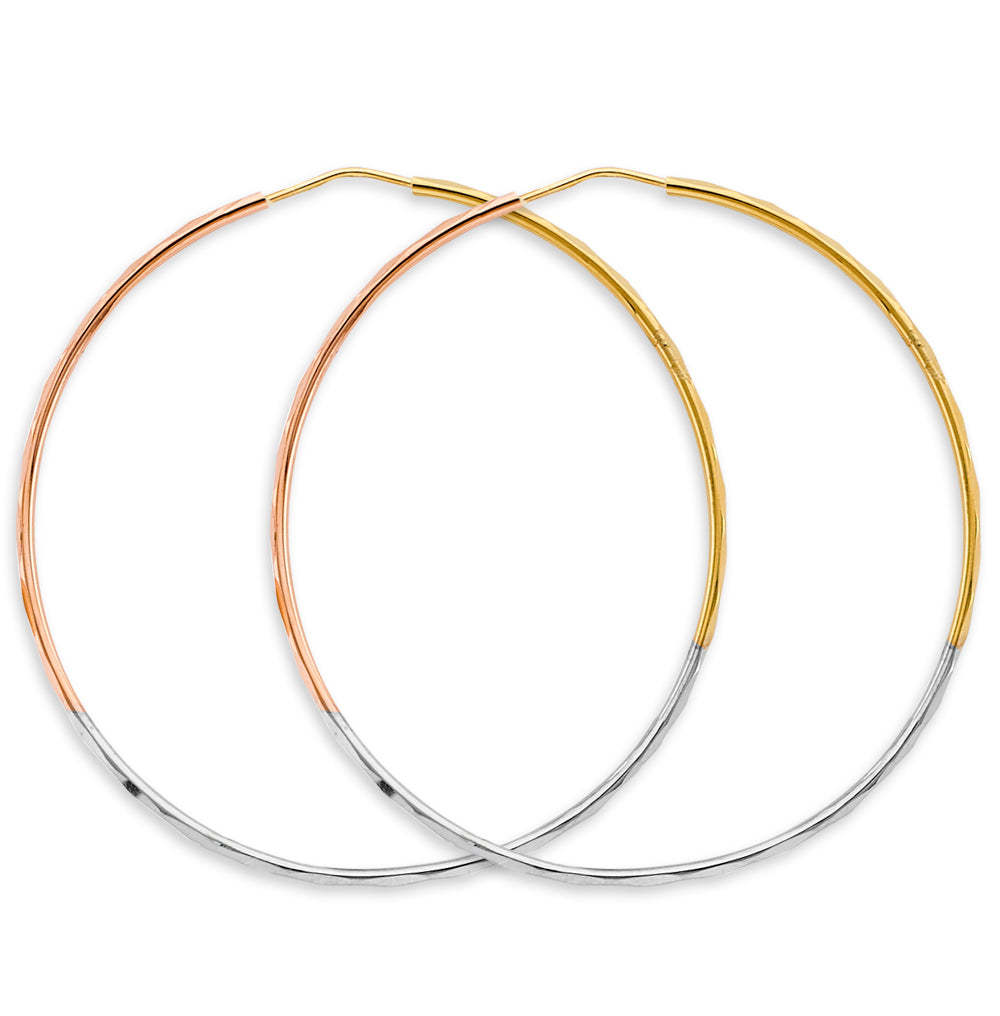 14K Tri Color Gold 1.5mm Faceted Round 60mm Hoop Earrings