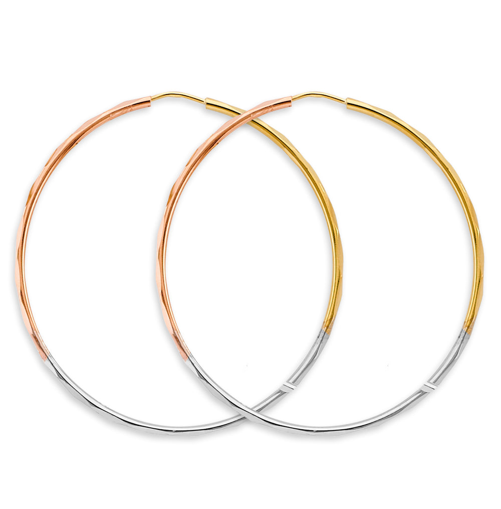 14K Tri Color Gold 1.5mm Faceted Round 50mm Hoop Earrings