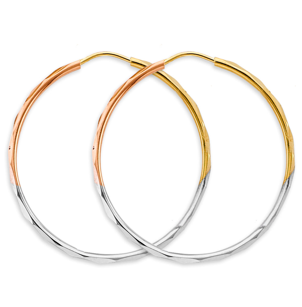 14K Tri Color Gold 1.5mm Faceted Round 35mm Hoop Earrings