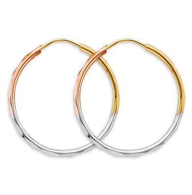 14K Tri Color Gold 1.5mm Faceted Round 25mm Hoop Earrings