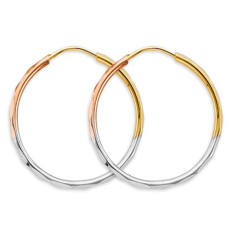 14K Tri Color Gold 1.5mm Faceted Round 25mm Hoop Earrings