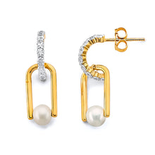 Load image into Gallery viewer, 14K Two Tone Gold Pearl CZ Push Back Earrings