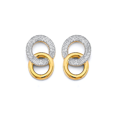 14K Two Tone Gold CZ Double Circle Push Back Earrings