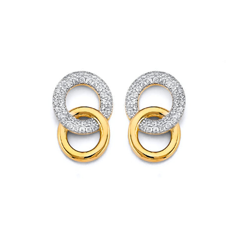 14K Two Tone Gold CZ Double Circle Push Back Earrings