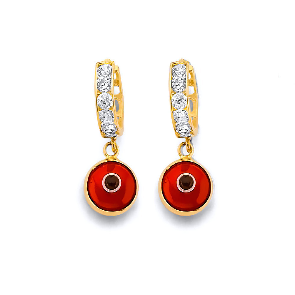 14K Yellow Gold CZ Red Evil Eye Huggies Earrings