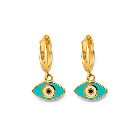 14K Yellow Gold Turquoise Evil Eye Huggies Earrings