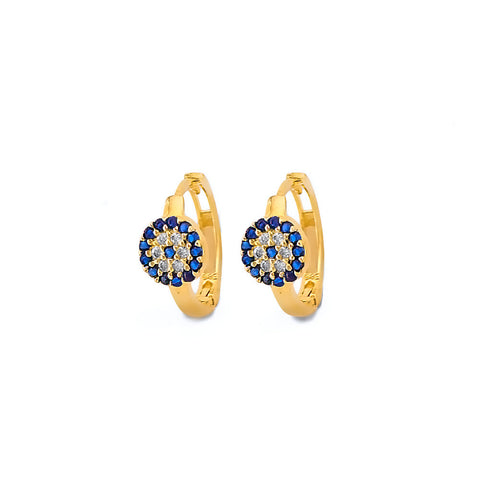 14K Yellow Gold CZ Evil Eye Huggies Earrings