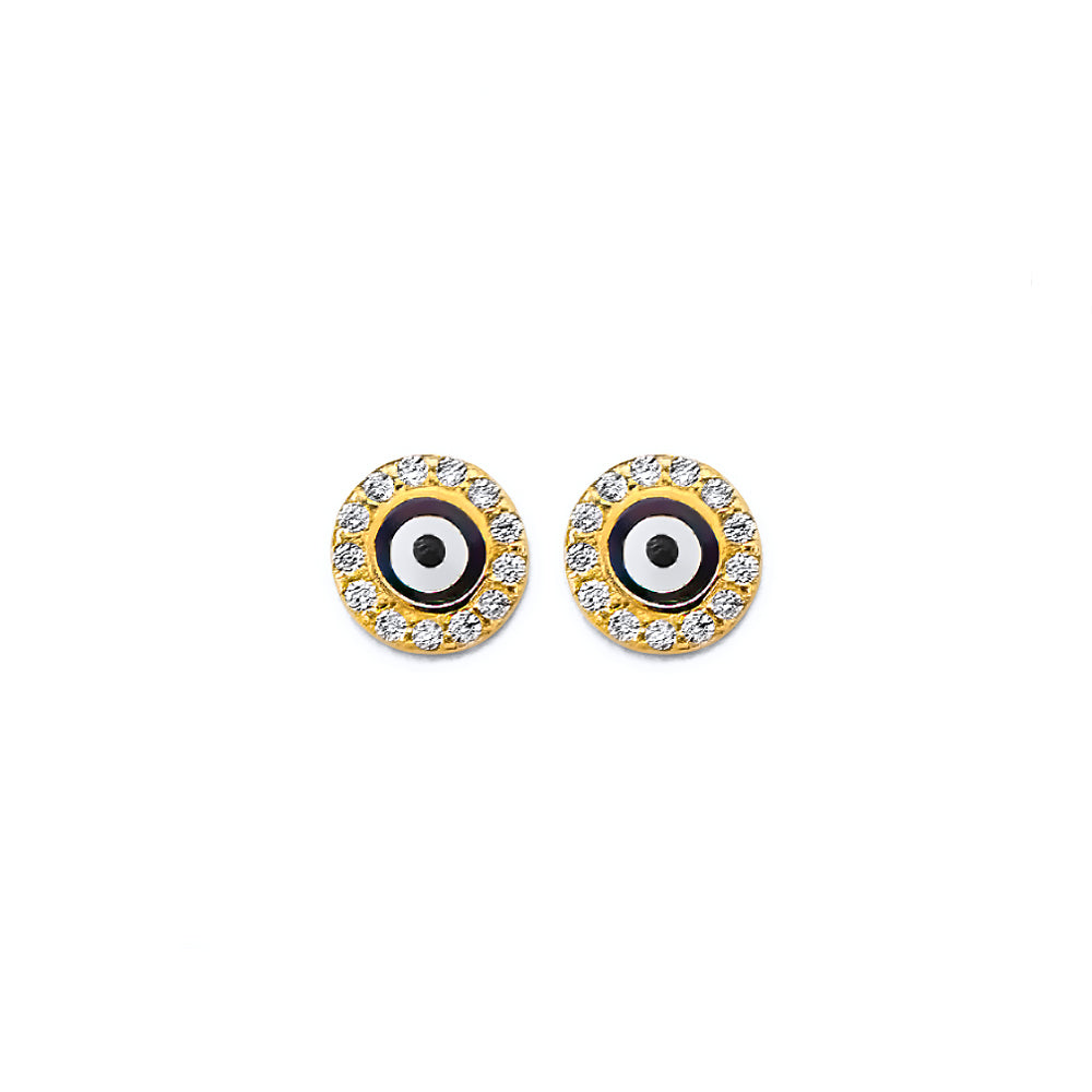 14K Yellow Gold CZ Evil Eye Push Back Earrings