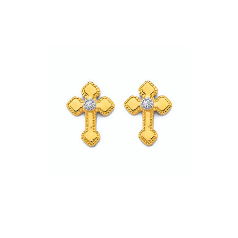 14K Yellow Gold CZ Cross Push Back Earrings