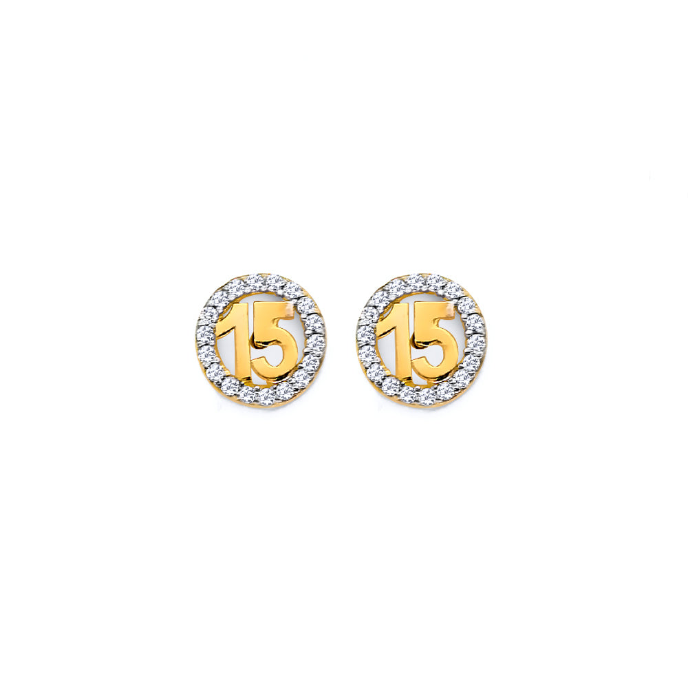 14K Yellow Gold CZ Round 15 Years Push Back Earrings