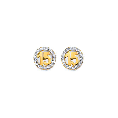 14K Yellow Gold CZ Round 15 Years Push Back Earrings