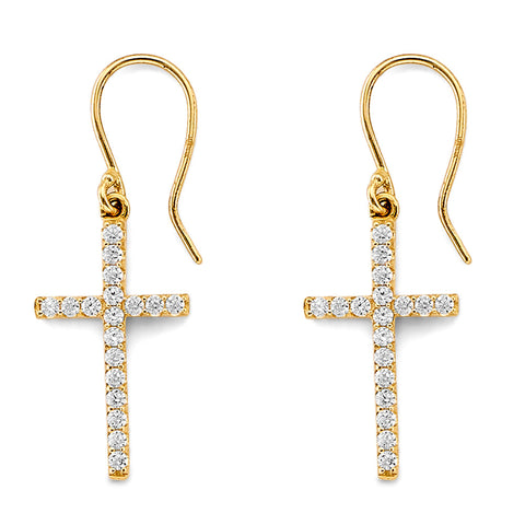 14K Yellow Gold CZ Cross Hanging Earrings