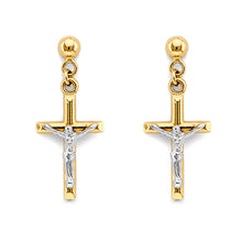 Load image into Gallery viewer, 14K Two Tone Gold Crucifix Hanging Push Back Earrings