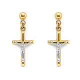 14K Two Tone Gold Crucifix Hanging Push Back Earrings