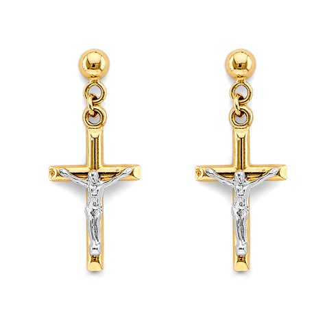 14K Two Tone Gold Crucifix Hanging Push Back Earrings