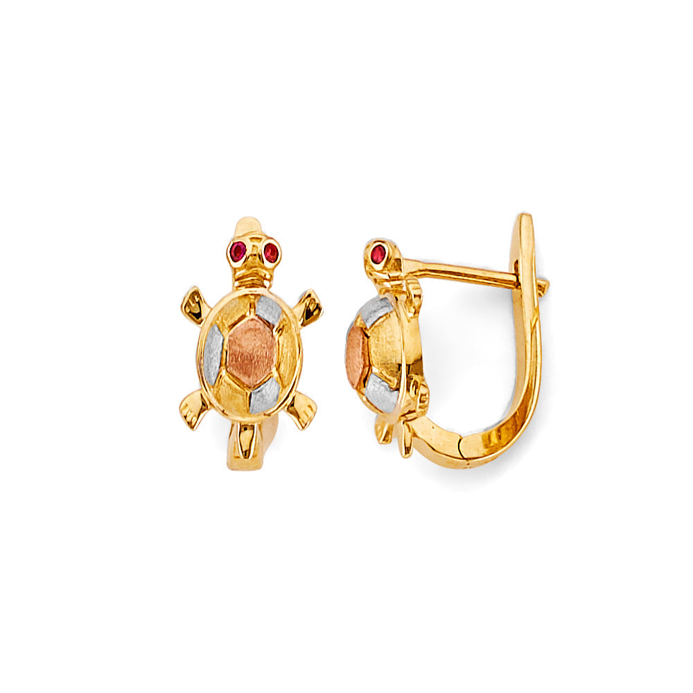 14K Tri Color Gold CZ Turtle Half Huggies Earrings