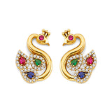 14K Two Tone Gold Swan With Multi Color CZ Earrings