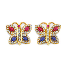 Load image into Gallery viewer, 14K Two Tone Gold Butterfly With Multi Color CZ Earrings