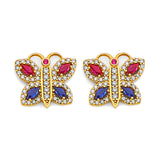 14K Two Tone Gold Butterfly With Multi Color CZ Earrings