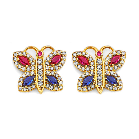 14K Two Tone Gold Butterfly With Multi Color CZ Earrings