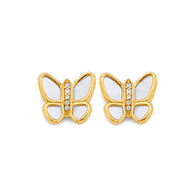 Load image into Gallery viewer, 14K Yellow Gold Mother Of Pearl CZ Butterfly Earrings