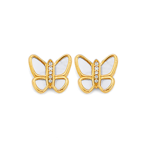 14K Yellow Gold Mother Of Pearl CZ Butterfly Earrings