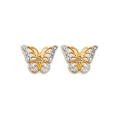 14K Two Tone Gold CZ Butterfly Push Back Earrings