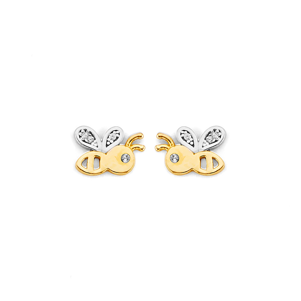 14K Two Tone Gold CZ Bee Push Back Earrings