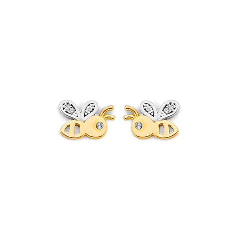 14K Two Tone Gold CZ Bee Push Back Earrings