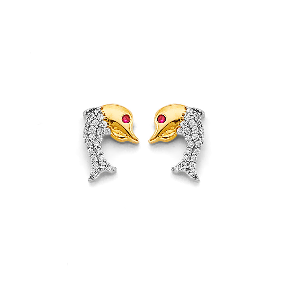 14K Two Tone Gold CZ Dolphin Push Back Earrings