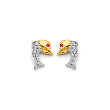 Load image into Gallery viewer, 14K Two Tone Gold CZ Dolphin Push Back Earrings