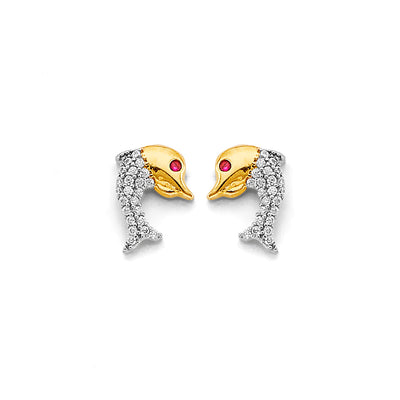 14K Two Tone Gold CZ Dolphin Push Back Earrings