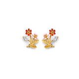 14K Tri Color Gold CZ Flower Push Back Earrings