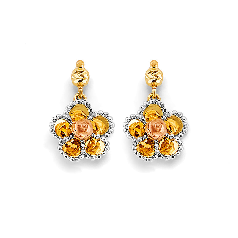 14K Two Tone Gold Hanging Flower Push Back Earrings