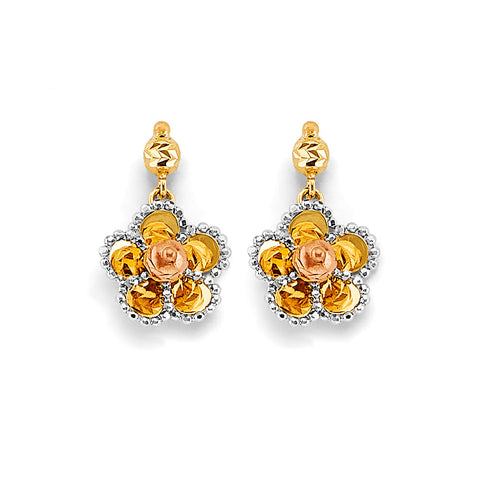 14K Two Tone Gold Hanging Flower Push Back Earrings