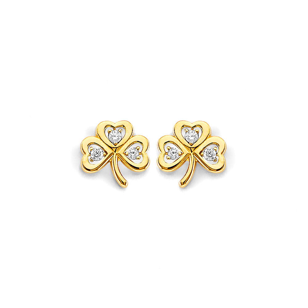 14K Yellow Gold CZ Clover Push Back Earrings