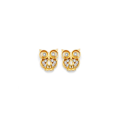14K Yellow Gold CZ Owl Push Back Earrings