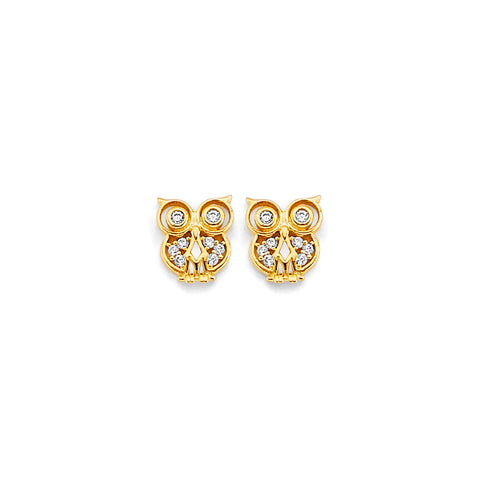 14K Yellow Gold CZ Owl Push Back Earrings