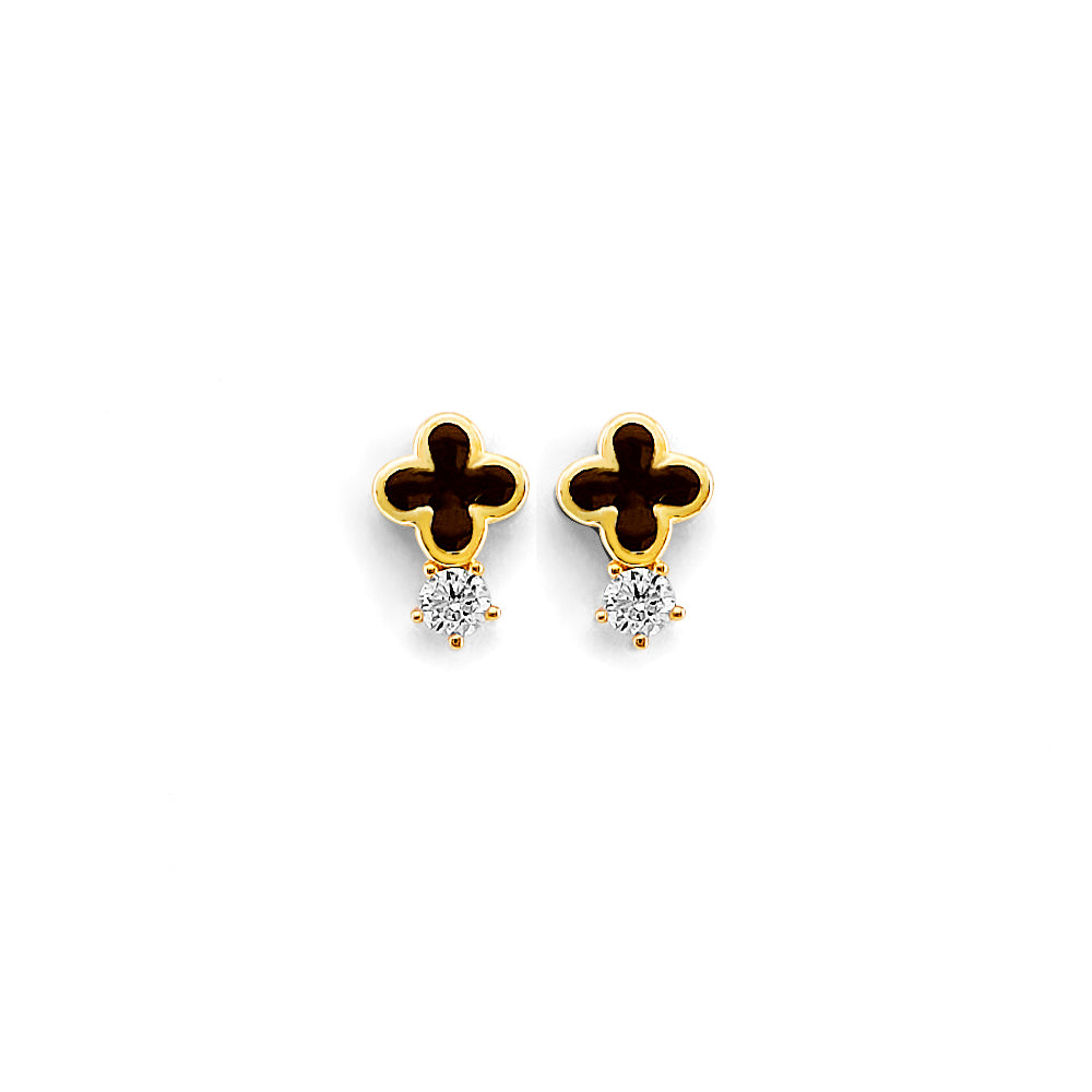 14K Yellow Gold CZ Small Clover Push Back Earrings