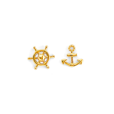 14K Yellow Gold Anchor And Wheel Push Back Earrings