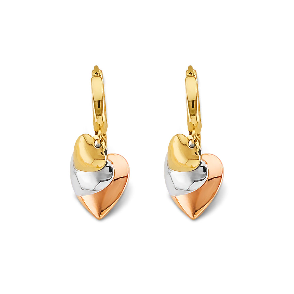 14K Tri Color Gold Hanging Hearts Huggies Earrings